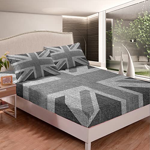Loussiesd United Kingdom Flag Bed Sheet Set Union Jack Bedding Set Grey UK Flag Fitted Sheet For Kids Adults Geometric No Flat Sheet Ultra Soft King Size - Image 2
