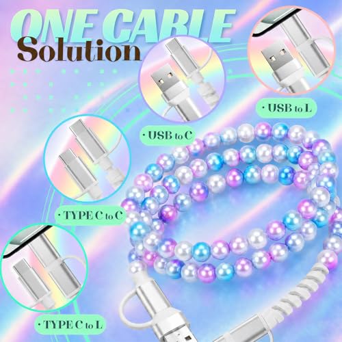 Image of 4-in-1 Beaded Charging Cable, MFi Certified, Works with CarPlay, 3.3FT 60W Fast Charger Cord for iPhone 17 /16 /15 /14 /13 /12 /11, iPad, Samsung, Android and More (Mermaid Glow)