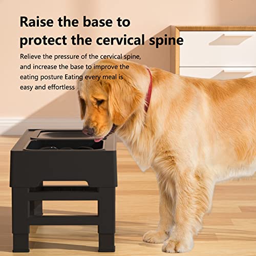 Elevated Dog Bowls, Adjustable 4 Heights Raised Stand With 2 Slow Feeders, Anti-Slip No Spill Water Bowl for Small Medium Large Dogs & Pets, Black