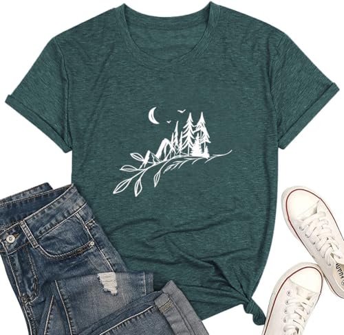 Women Close to Nature Short Sleeve Mountain Peaks Moon Print Casual Shirt Climbing Hiking Camping Picnic Outdoor Tops Vintage Novelty Print Sports Tops XX-Large Green