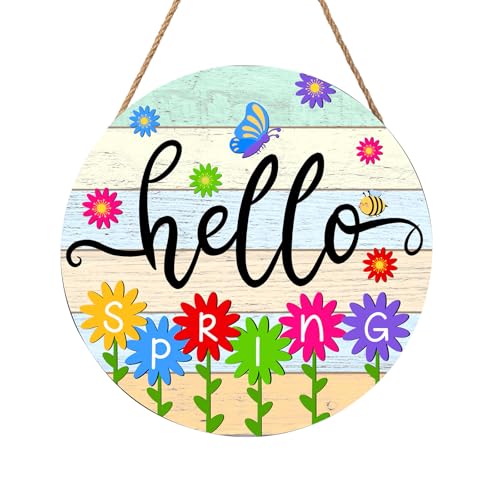 Harooni Rustic Farmhouse Floral Hello Spring Wooden Door Hanger Sign...