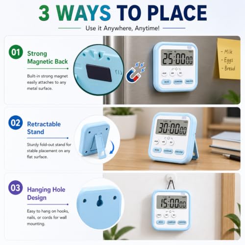 Image of Timer Clock for Study, Stopwatch for Study, Digital Alarm Clock with Large LCD Display, Magnetic Kitchen Timer, Countdown & Stopwatch Timer, Digital Clock for Table, Adjustable Stand (Blue)