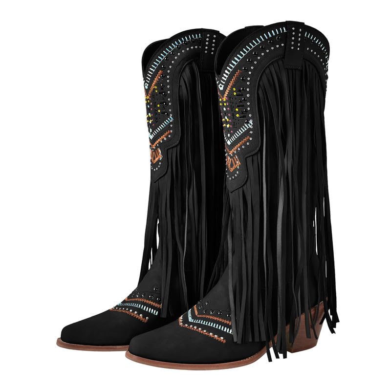 Image of LISHAN Women's Western Cowboy Cowgirl Boots Fringed Tassel Block Heels Embroidered Calf High Boots