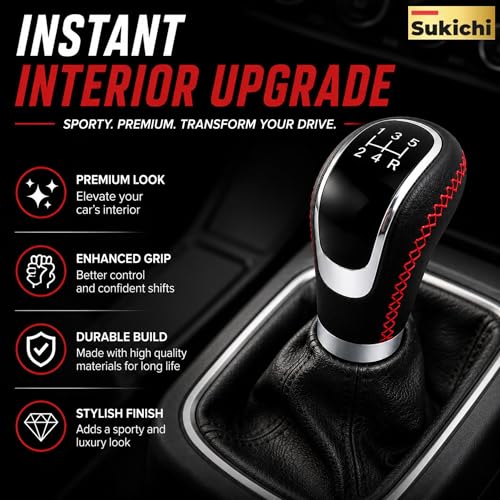 Image of Medirich Lifesciences SUKICHI Premium Manual Car Gear Knob | Universal Gear Shift Knob | Anti Slip Leather Finish Gear Lever | Sport Interior Upgrade Accessory | (Red Stitch, Black)
