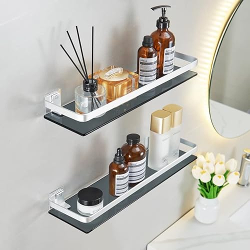 Volpone Bathroom Wall Shelves 15.7 In Glass Bathroom Shelf Silver Floating Shelves Tempered Glass Shelves For Shower Wall Mounted（2 Pack） #TOP19