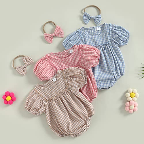 Infant Baby Girl Plaid Romper Ruffle Short Sleeve Sweatshirt Jumpsuitsummer Boho Outfit Vintage Clothes (Pink, 3-6 Months) #TOP7