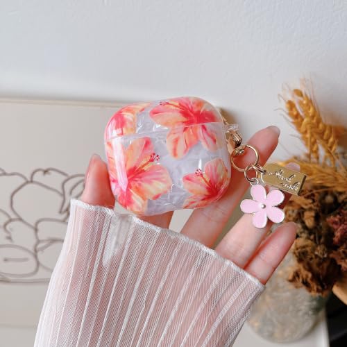 Image of MINSCOSE for Cute Glitter AirPods 4 Clear Case,Shell Pattern Hibiscus Flower Design with Kawaii Floral Keychain,Soft TPU Protective Cover with Cleaner Kit for Girls Women for AirPods 4-Red