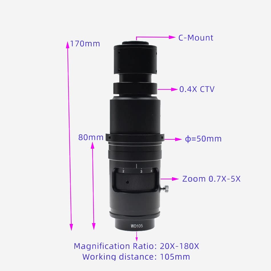Microscope Monocular Video Microscope Zoom C-Mount Lens 10X-300X Magnifier Continuous Zoom Full Focus for Industrial Camera HDMI VGA USB(WD105 Lens)