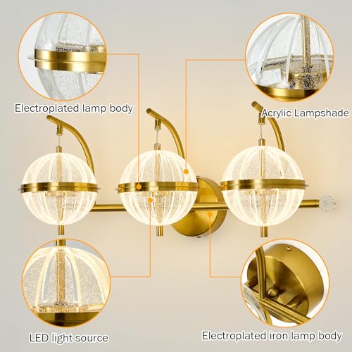 Image of UOFUS Gold Bathroom Lighting Fixtures Over Mirror Modern LED Vanity Light with Globe Acrylic LampShade 3 Lights Wall Sconces Indoor