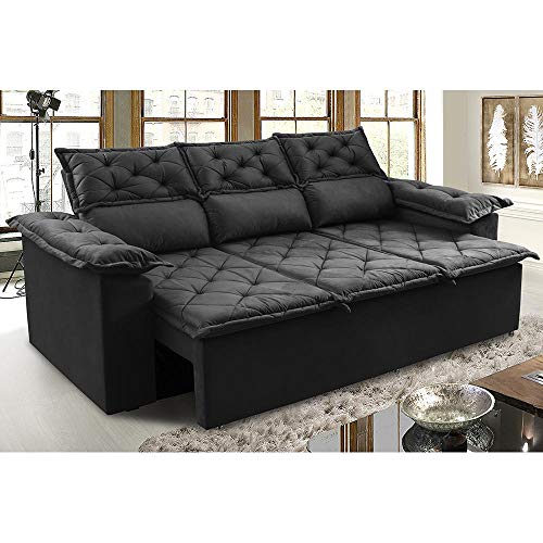 Sofá 3 Lugares Retrátil e Reclinável Cama Inbox Compact 2,00m Velusoft Preto