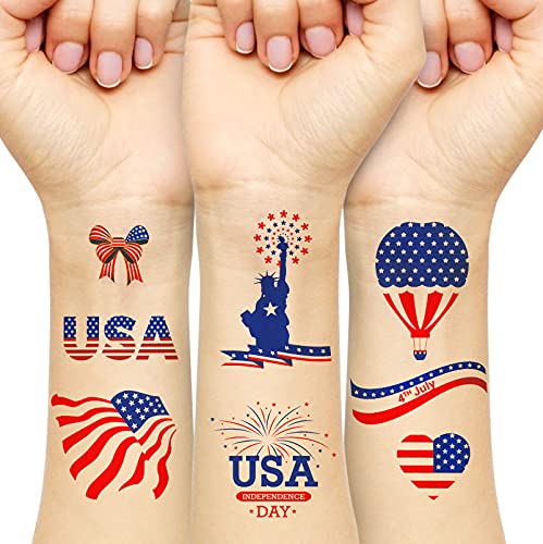 144 various 4th of July Temporary Tattoos, Patriotic Party Decorations Tattoos Including Luminous Tattoos for Party Decor Supplies with Red White & Blue Design Independence Day Stickers