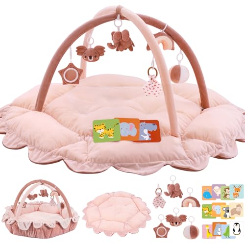 Image of 5-in-1 Plush Baby Play Gym, Activity Mat with Convertible Gym, Baby Gym 6 Sensory Toys, Play Center for Newborn to Toddler, Pink