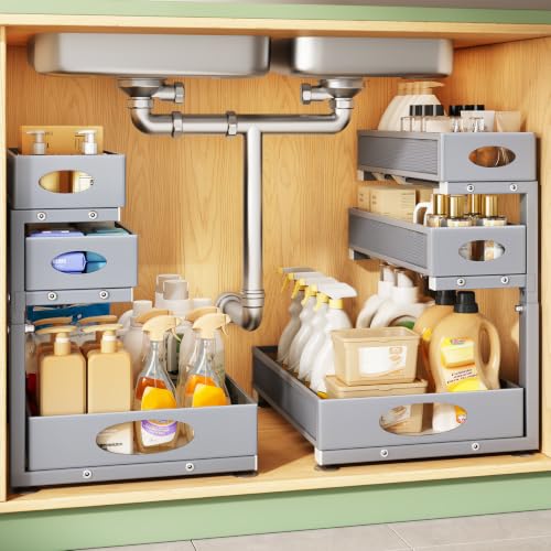 Kitstorack Under Sink Organizer 3-Tier Slide Out Drawer 2-Pack Grey