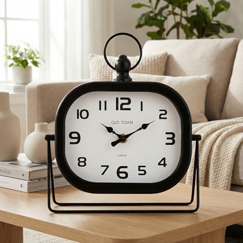 MICWIC Vintage Metal Table Clock - 9.8 Retro Silent Non-Ticking Desk Clock with Pocket Watch Style Loop - Battery Operated Decorative Shelf Clock for Farmhouse Living Room, Bedroom, Office (Black)