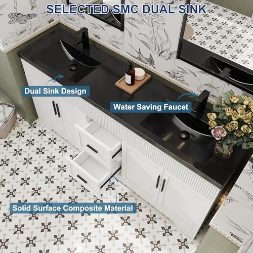 Image of eclife 72 inch Bathroom Vanities Sink Combo with Painted Surface, Modern Drawered Cabinet W /Decorative Wave Lines, Undermount Double Black Sink, Matte Black Faucet Drain, White