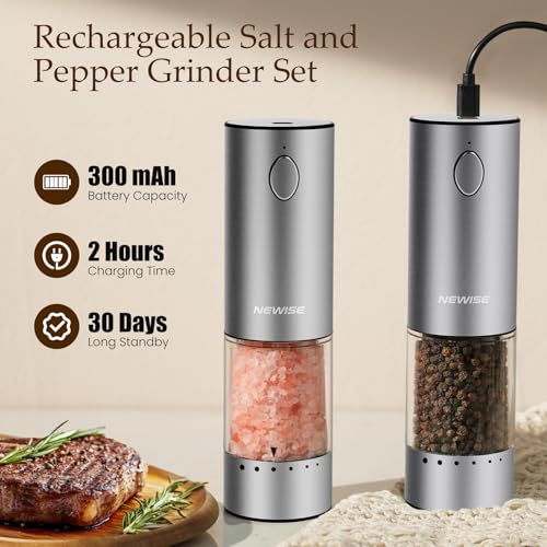 Electric Salt and Pepper Grinder Set - Christmas Kitchen Gift, Rechargeable with LED Lights, Stainless Steel Automatic Mill, Adjustable Coarseness, Large Capacity, Silver - Image 5