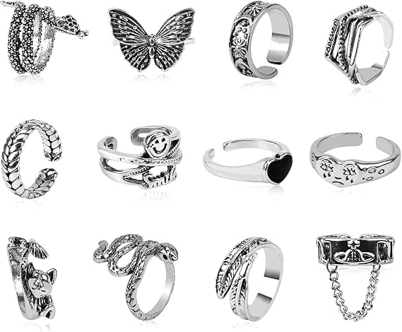 Silver Plated Rings Set, Cute Animal Open Rings Pack, Vintage Goth Hippie Matching Rings, Cute and Stylish, Snake, Hug, Lucky Face Rings for Couples, Gift for Women Men Girls