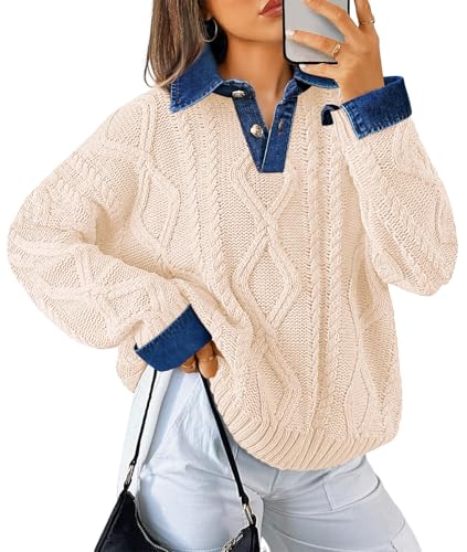 Soesdemo Oversized Sweaters for Women Chunky Cable Knit Polo Neck