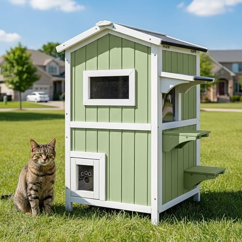 2-Story Outdoor Cat House, Weatherproof Cat Shelter with 2 Platforms, 2 Escape Doors, Openable Roof, Removable Floor, Ideal for Feral Cats in Outdoors