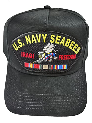 Hnp U.S. Navy Seabees Operation Iraqi Freedom HAT with BEE and Service Ribbons - Black - Veteran Family-Owned Business One Size