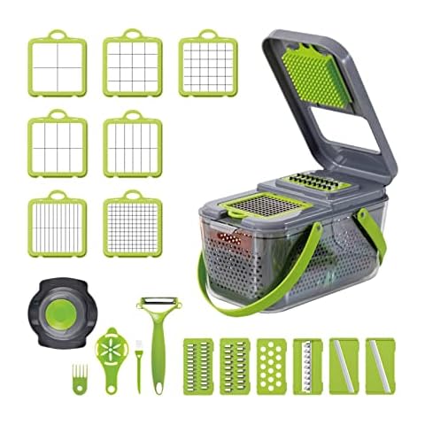 Ailgely 22-in-1 Vegetable Cutter, Manual Chopper with Container, Food Chopper, Salad Cutter, Mandolin, Cucumber Slicer, with Egg Separator, Peeler, Hand Guard, Drain Basket, 8 Blades Cover
