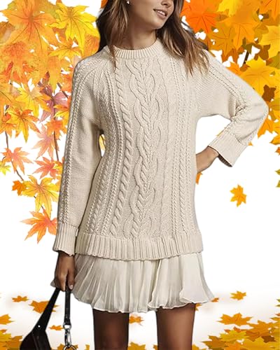 2025 New Women Crewneck Cable Knit Sweater Mini Dress Sweater Dress with Pleated Skirt Fall Sweater Dresses Mini2