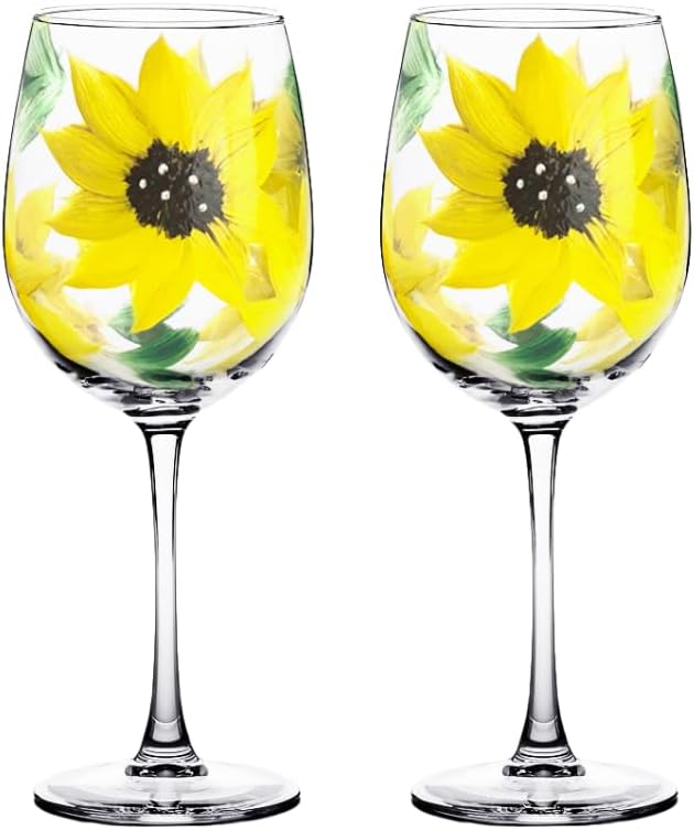 Brushes with a View Hand-Painted Sunflower Wine Glass Set of 2 (12 oz Stemmed) – Floral Glasses, Gift for Mom, Wine Lover Gift, Handmade