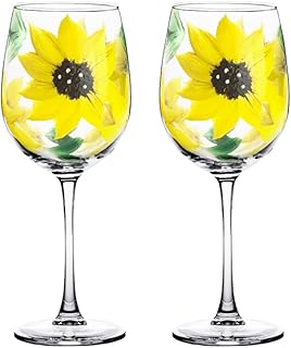 Brushes with a View Hand Painted Sunflower Wine Glasses, 12 Ounce Stemmed Set of 2, Gift for Mom, Wine Lovers, Mothers Day, Birthday, Easter, and Christmas, Yellow and Green design, Artisian