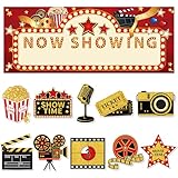 11 Pieces Movie Night Party Decorations Now Showing Banner Photography Background Movie Night Cutouts Double Sided Printing Red Carpet Clapboard Backdrop Cutout Party Cards Photo Booth Props Supplies