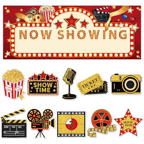 11 Pieces Movie Night Party Decorations Now Showing Banner Photography Background Movie Night Cutouts Double Sided Printing Red Carpet Clapboard Backdrop Cutout Party Cards Photo Booth Props Supplies