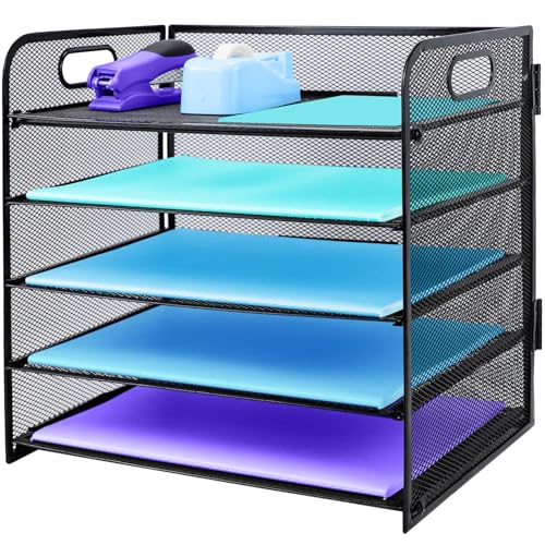 Organizador de escritorio de 5 niveles con asa, organizador de archivos de malla extraíble para escritorio, bandeja de cartas, organizador de escritorio de malla, estante de almacenamiento de papel