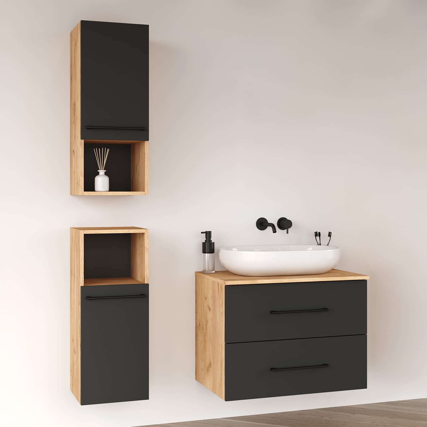 Planetmöbel Juego de Muebles de baño Lux 70 cm de Color Dorado Roble/Antracita sin Lavabo con 2 armarios Midi Dorados Roble/Antracita