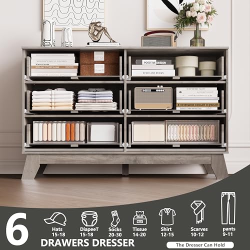 Image of 6 Drawer Dresser for Bedroom, Fluted Dressers Chest of Drawers with Gold Handle, Mid Century Modern Dresser for Closet, Wood Closet Storage Organizer Furniture for Bedroom, Living Room, Hallway, Grey