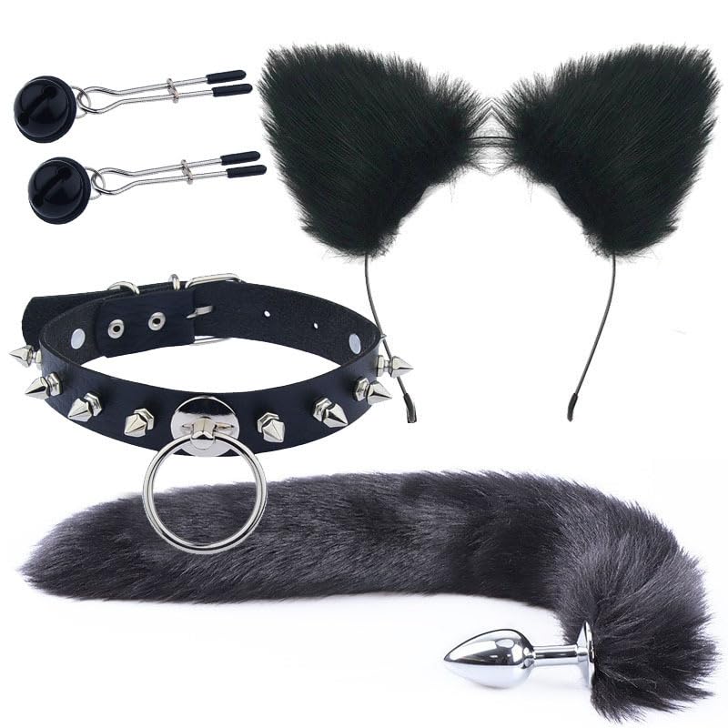 BeHorny Ensemble de bondage, collier pour chat, oreilles, queue avec plug anal, pinces à tétons