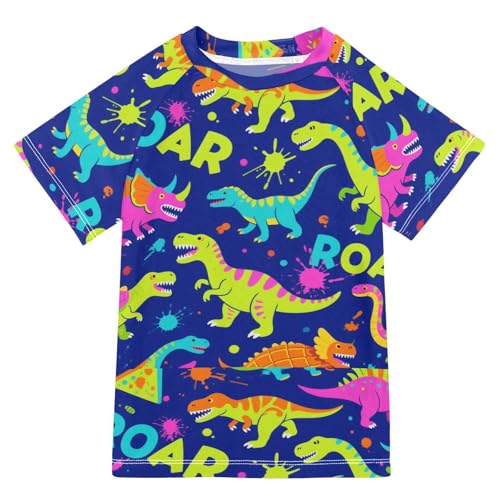 Roaring Dino Spot Dark Blue Fluorescent Green Short Sleeve Kids Bathing Suit Swimsuit Kids Girls Girls Swimsuit with Rashguard for 3-12 Years trajes de bano para ninas