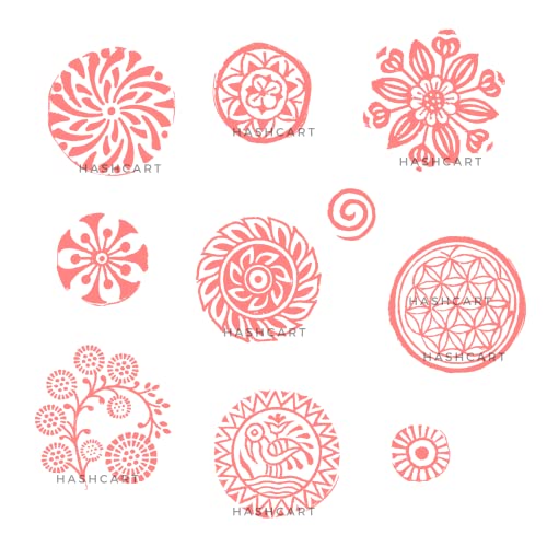 Image of Hashcart | Set of 10 | Round Shape Multi Floral Design baren for Block Printing | Wooden Stamps for Project Designing | Scrapbooking | Project Making | Clay | Pottery Craft