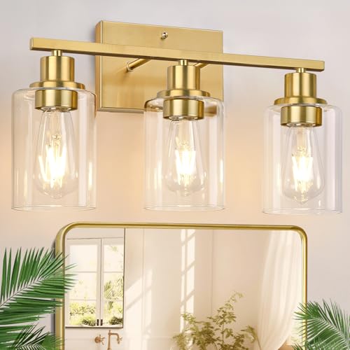 Image of Indoi 3-Light Vanity Lights with Clear Glass Shades, Brushed Gold Bathroom Light Fixtures Over Mirror, Modern Bathroom Wall Lamp for Mirror Living Room Cabinet Bedroom Porch