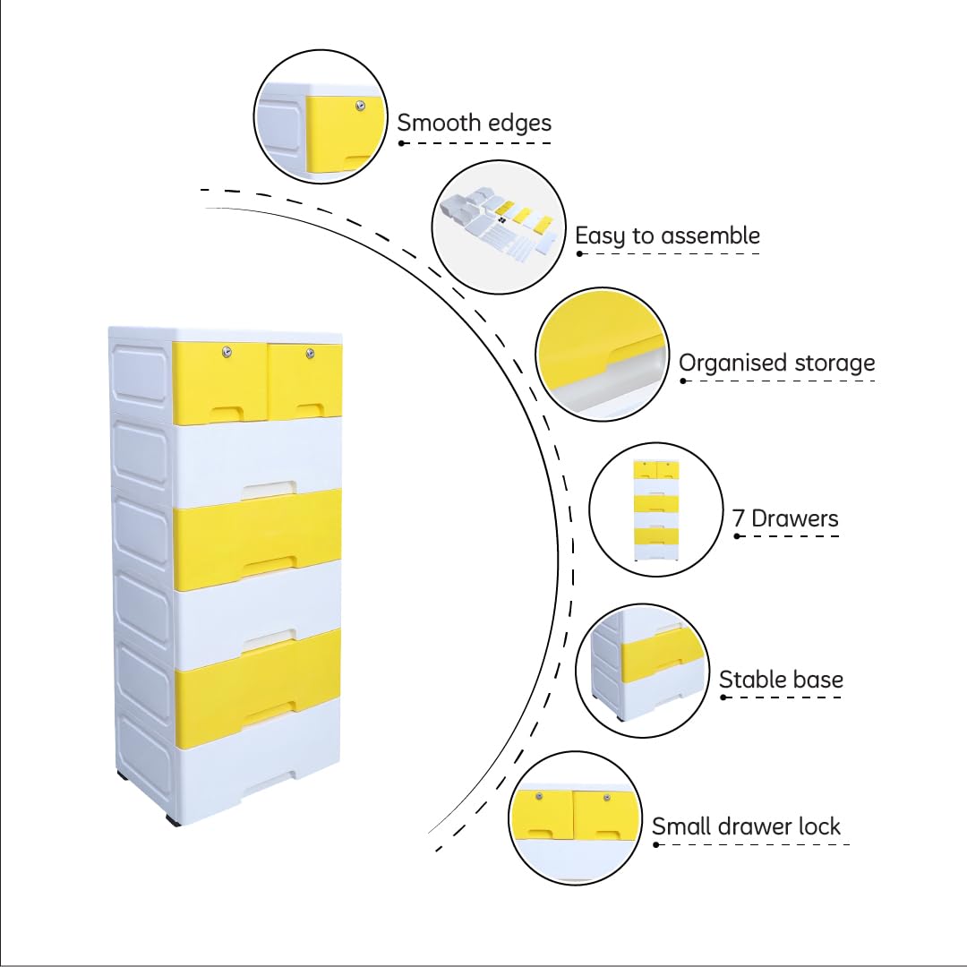The Tickle Toe 7-Drawer Plastic Chest for Kids | Yellow White Storage Organizer with Locks | Portable Dresser Cabinet for Clothes & Toys | 44L x 28.5W x 98H cm 1