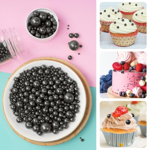 OSDUE Schwarz Streusel,130g Essbare Schwarz Zuckerperlen Perle Zucker in Mischgrößen Backkuchen Cupcake Topper Cookie-Dekorationen für Valentinstag Geburtstage Weihnachte