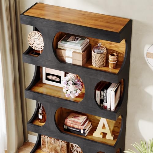 Image of Tribesigns 71 inch Tall Bookcase Set of 2, 4-Tier S-Shaped Bookshelf, Wood Decorative Storage Shelving, Modern Freestanding Display Shelves, Large Library Bookshelf Unit for Home Office, Black & Brown