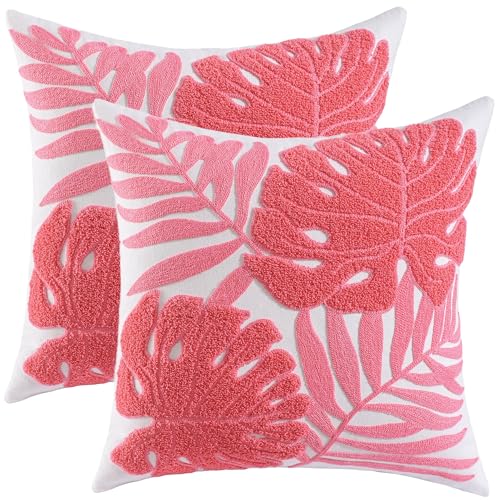 Tosleo Lot de 2 Housses de Coussin Brodées Tropical Feuilles de Palmier Rose en Coton 45x 45cm Deco de Ferme pour Chambres Canapé Salon Jardin Chaise Ferme