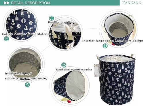 FANKANG Storage Basket, Nursery Hamper Canvas Laundry Basket Foldable with Waterproof PE Coating Large Storage Baskets for Kids Boys and Girls, Office, Bedroom, Clothes,Toys(navy anchor) - Image 3