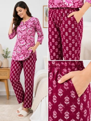 Image of Women's Cotton Night Suit Set, Printed Top and Pyjama, Casual Loungewear Sleepwear for Womens Girls