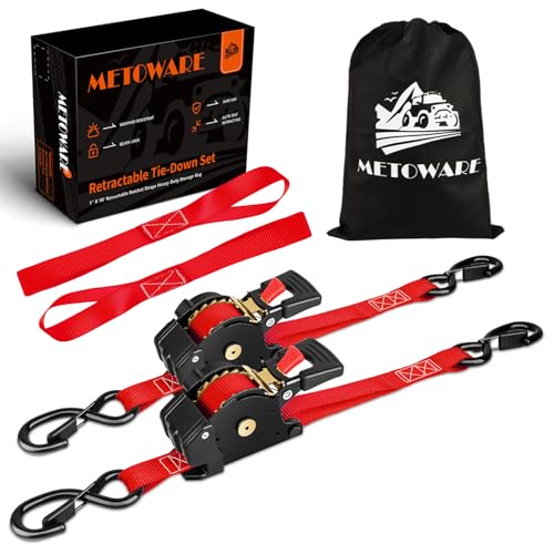 Image of METOWARE Retractable Ratchet Straps (2-Pack) - 1 in x 10 Ft (1500lb Break Strength) - Heavy Duty Auto Self Retracting Tie Down Straps for Truck, Trailer, Cargo Van, Motorcycle - Red