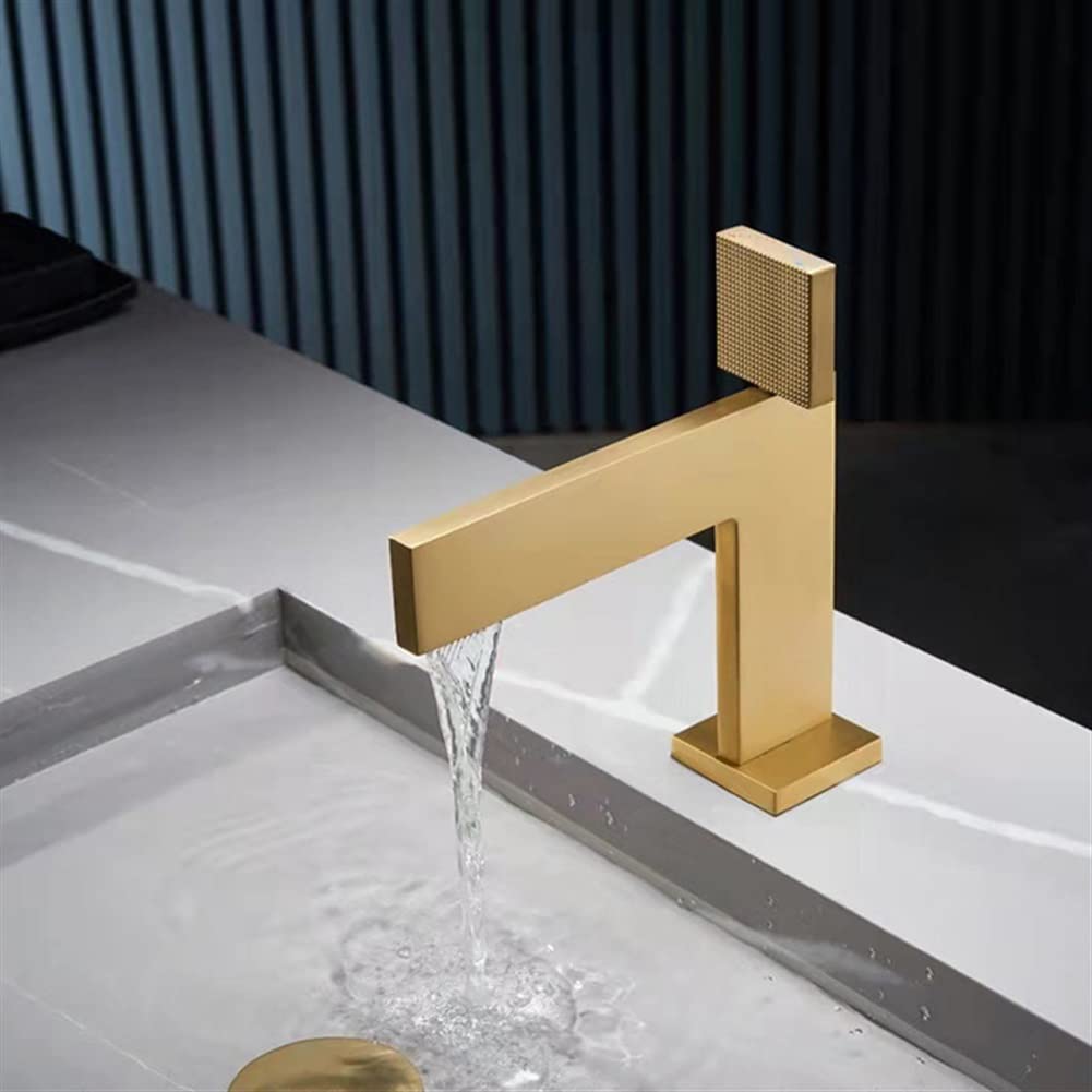 WIQUYBML Kitchen Sink Mixer Taps Waterfall Bathroom Faucets, Brushed Basin Faucet, Cold and Hot Water Mixer, Taps, Deck Mounted Washbasin Faucets for Balcony Laundry, Brush Gold