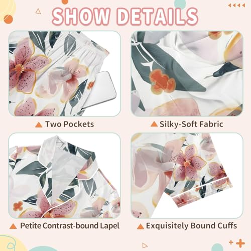 senya Botanical Flowers and Leaves Satin Summer Pajama Sets Silk Short Sleeve Button Down Sleepwear3