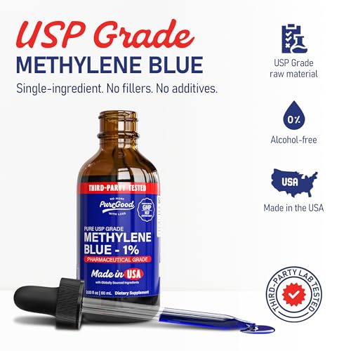 Image of PureGood Glass 2 Pack Pharmaceutical-Grade Methylene Blue 1% Solution (60 mL), USP-Grade, Third-Party Tested, Formaldehyde & Alcohol-Free, Methylene Blue for Humans in Amber Dropper Bottles
