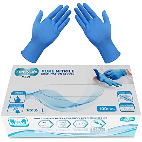 Comfy Life MEDI Pure Nitrile Gloves Premium Medical Grade EN455 EN374 Virus & Chemical Tested AQL 1.5 Powder Free Disposable Examination Gloves Latex Free PPE Food Safe Security Pack of 100 Size Large Cover