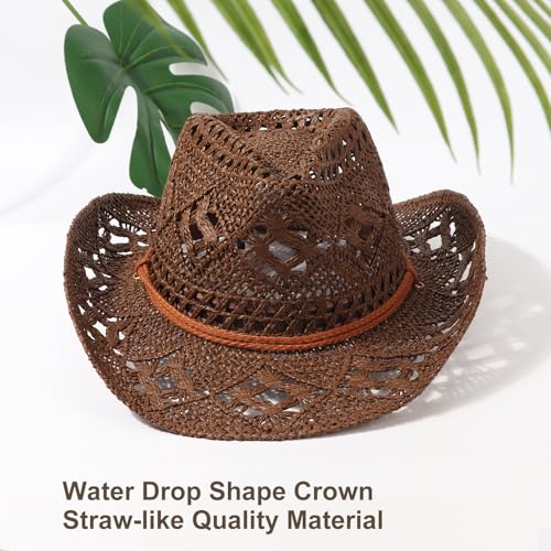 Image of DRESHOW Straw Cowboy Cowgirl Hat for Women Men Western Coastal Cowboy Beach Hat with Shapeable Brim Unisex Rolled up Caps