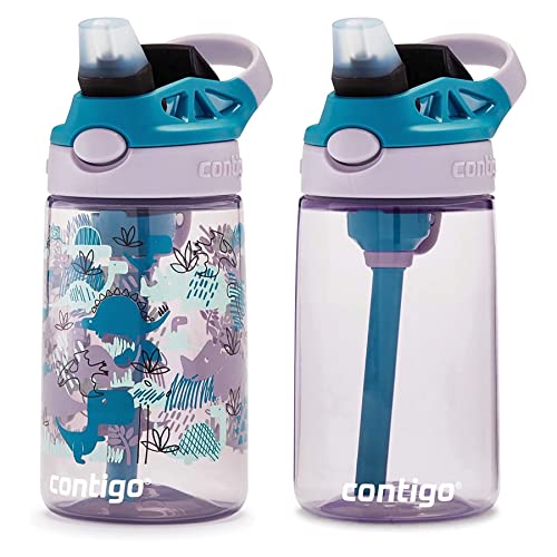 Image of Contigo Kids Straw Water Bottle with AUTOSPOUT Lid, 14oz., 2 Pack, Eggplant & Dinos